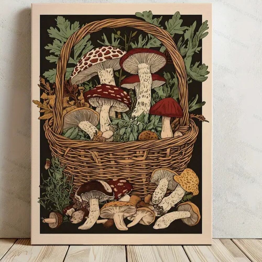 Mushroom Gathering Canvas Art Print 12×16 Cottagecore Witchcore Fairycore Basket